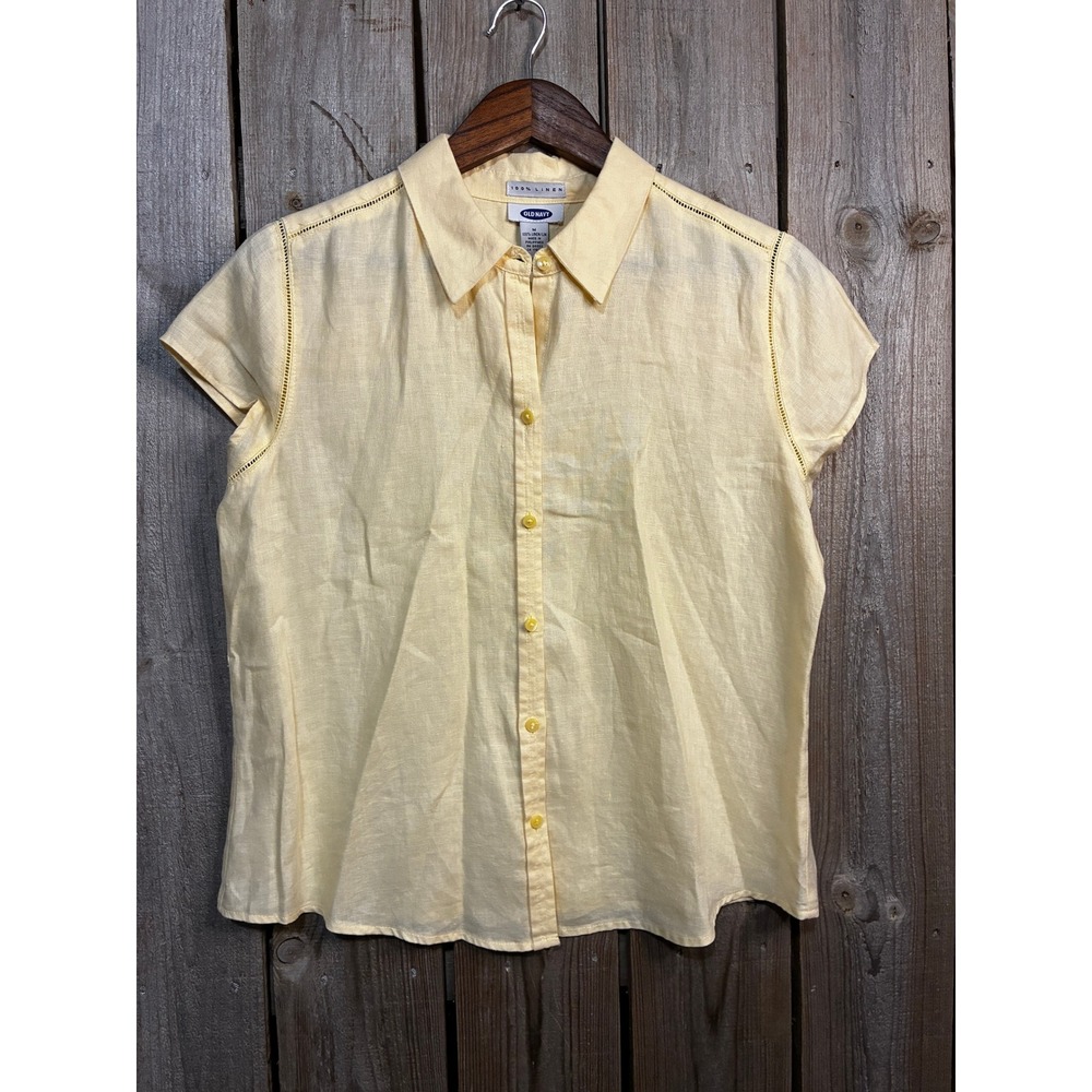 Old Navy Womens Medium Yellow 100% Linen Short Sleeve Button Down Shirt Ladder